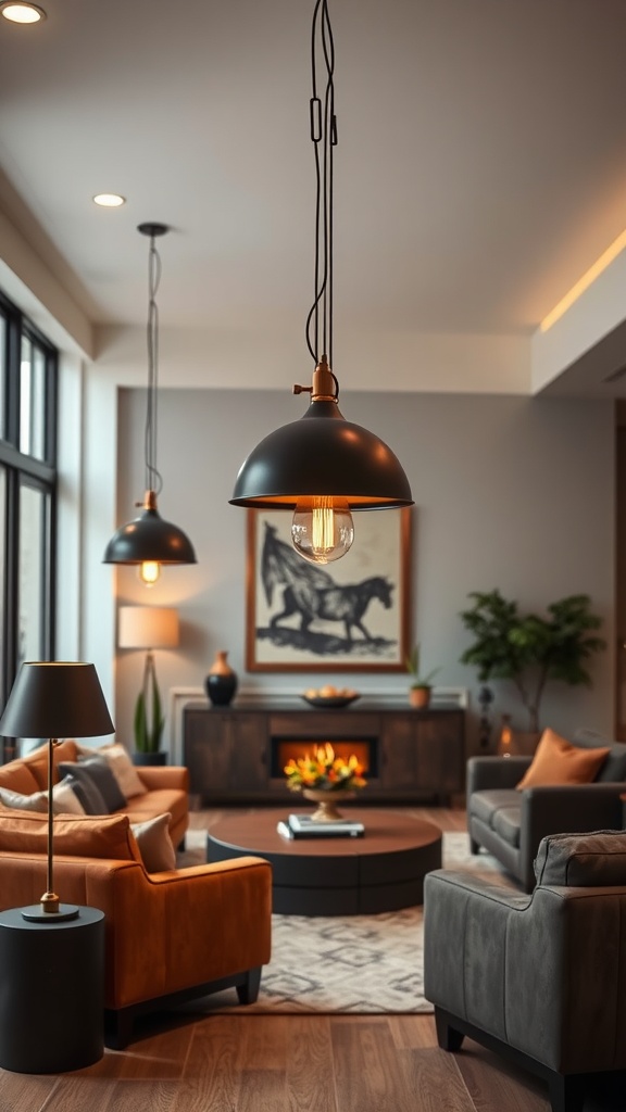 A living room with black and rust lighting fixtures, featuring modern pendant lights and stylish furniture.