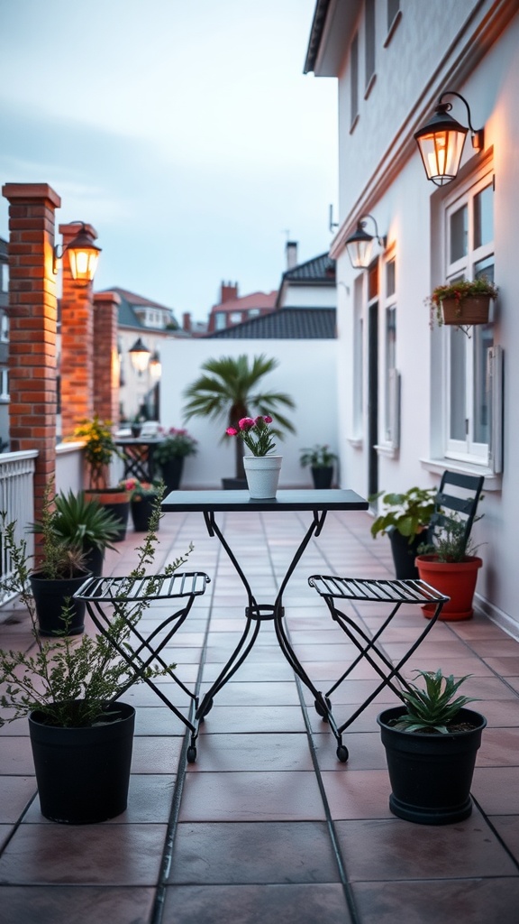 Chic black and white bistro set on a terrace with plants and warm lighting