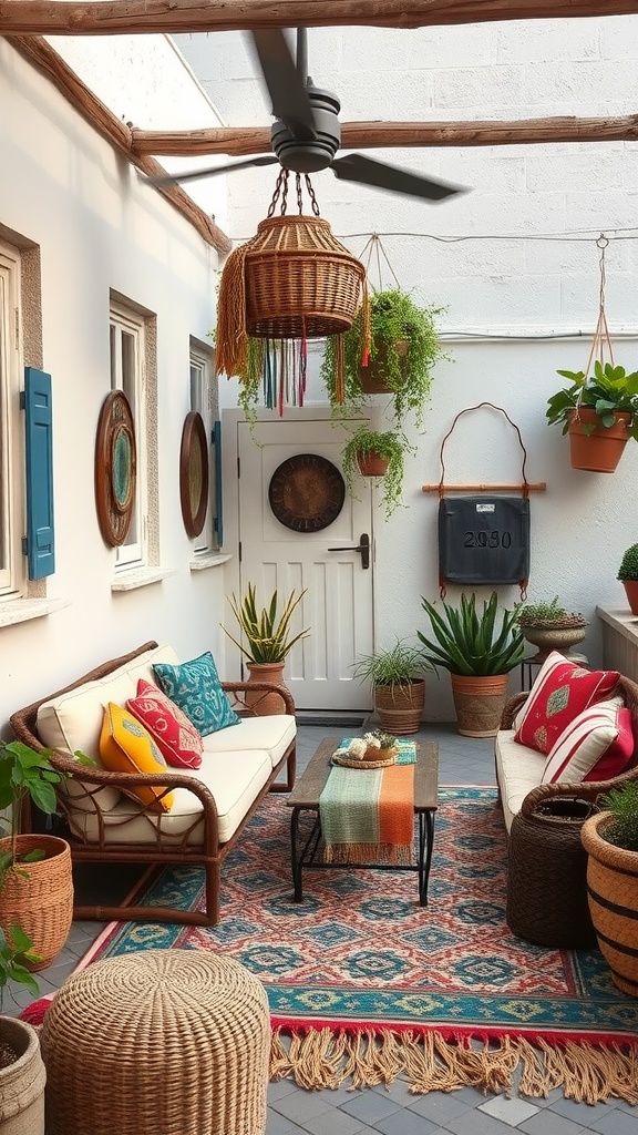 A cozy bohemian-style patio with comfortable seating and vibrant decor.