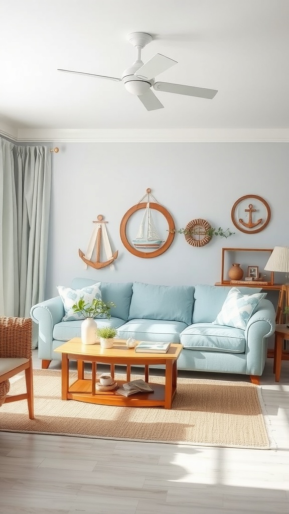 A chic coastal living room featuring a light blue couch, nautical decor, and natural materials.