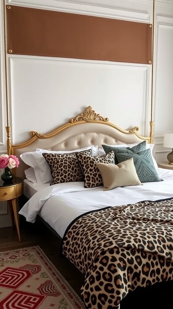 A stylish bedroom featuring leopard print bedding, decorative pillows, a golden headboard, and a bedside table with flowers.