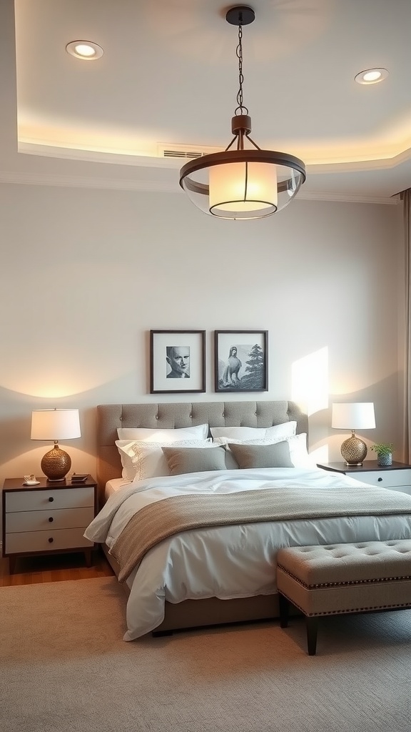 Master bedroom featuring chic lighting fixtures, a stylish pendant light, and bedside lamps