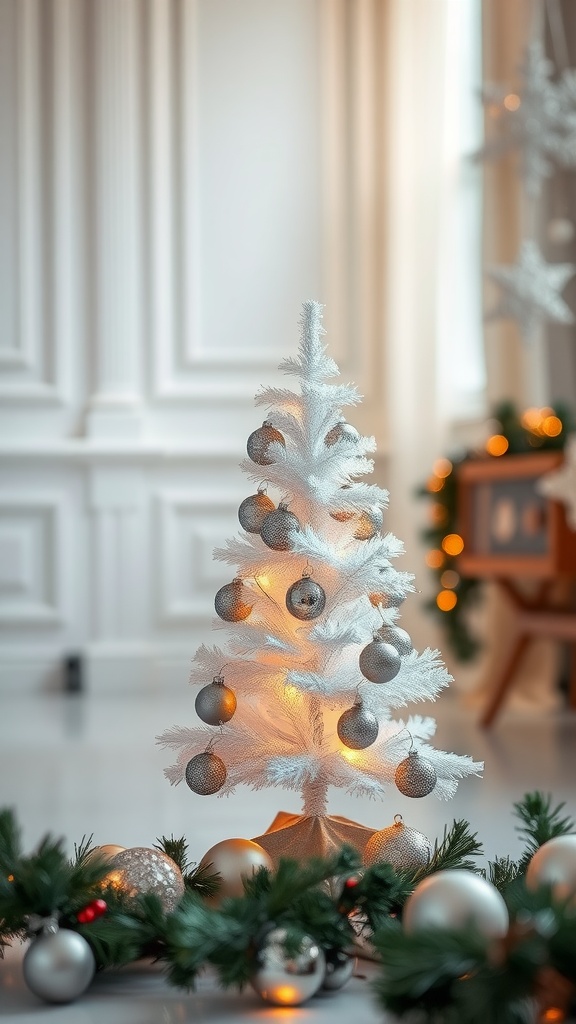 A mini white Christmas tree adorned with metallic ornaments, surrounded by silver and green decorations.