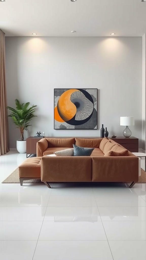 Chic modern living room featuring a brown sofa, minimalist decor, and stylish artwork.