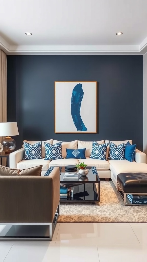 A modern living room with blue and white accents featuring a sectional sofa, stylish cushions, and contemporary decor.