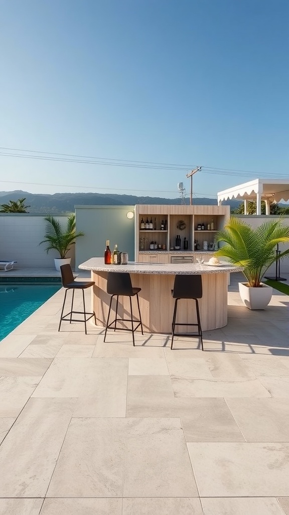 Chic outdoor bar with stools beside a pool, featuring a wooden bar and clear blue sky.