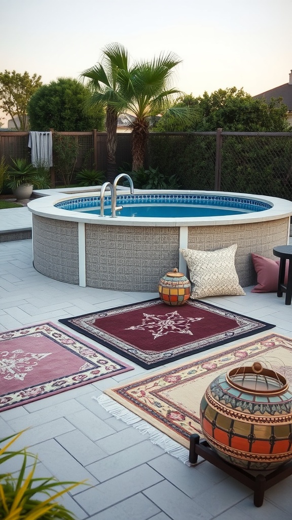 Outdoor setup featuring above-ground pool with chic rugs and decorative accents.