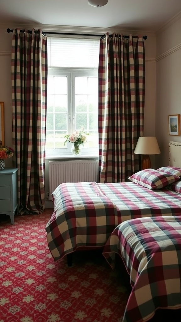 A preppy bedroom with plaid bedding and curtains, showcasing a cozy and stylish aesthetic.