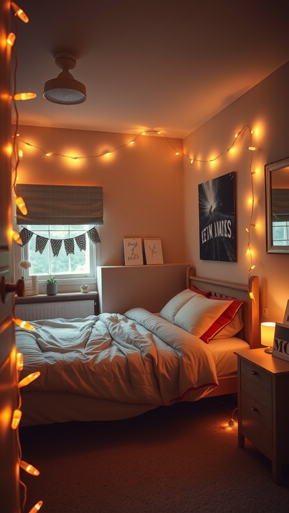 Cozy bedroom with string lights creating a warm ambiance