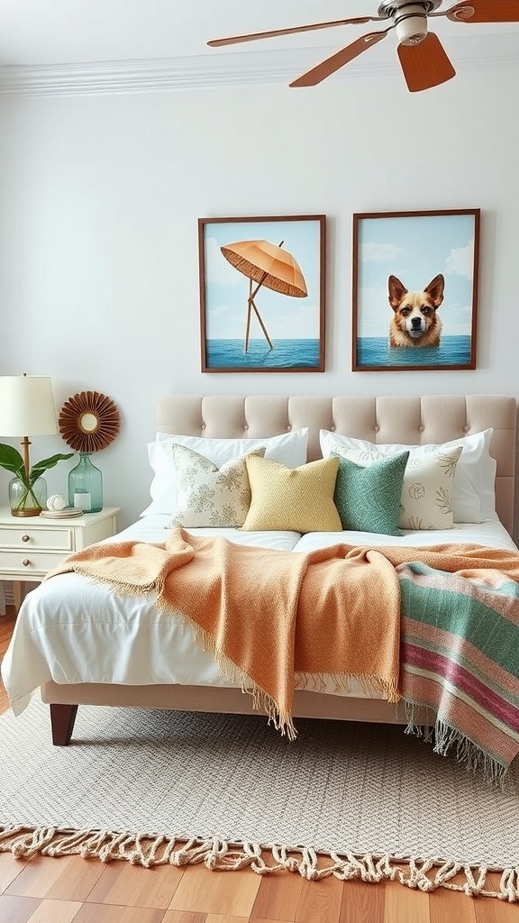 A cozy summer bedroom featuring colorful throws, beach-themed artwork, and soft lighting.