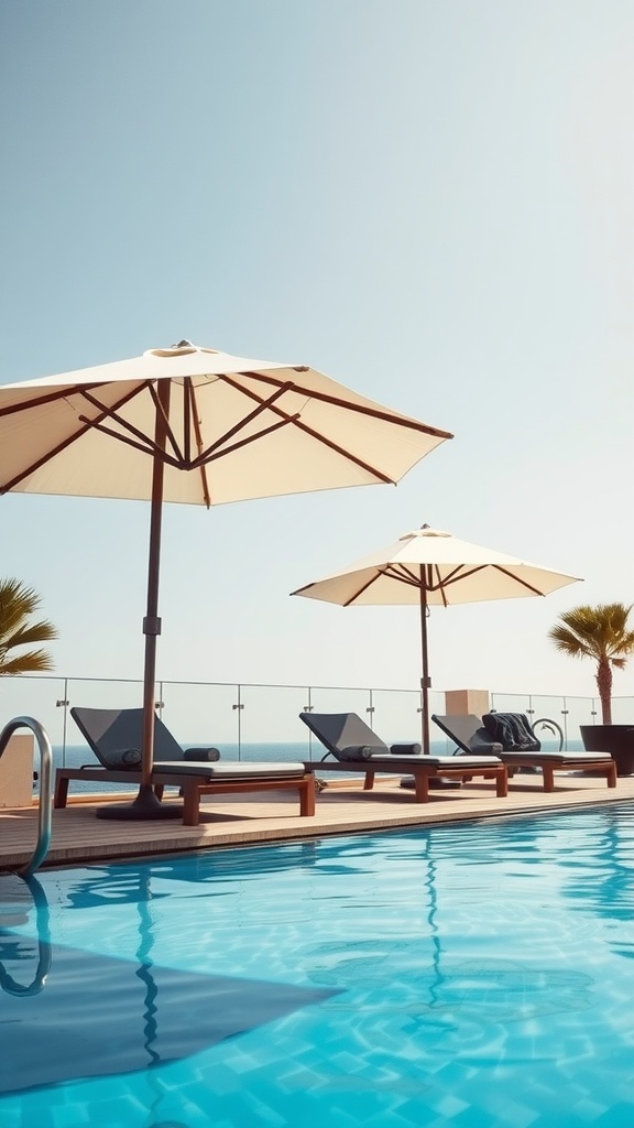 Chic umbrellas providing shade over lounge chairs by a pool