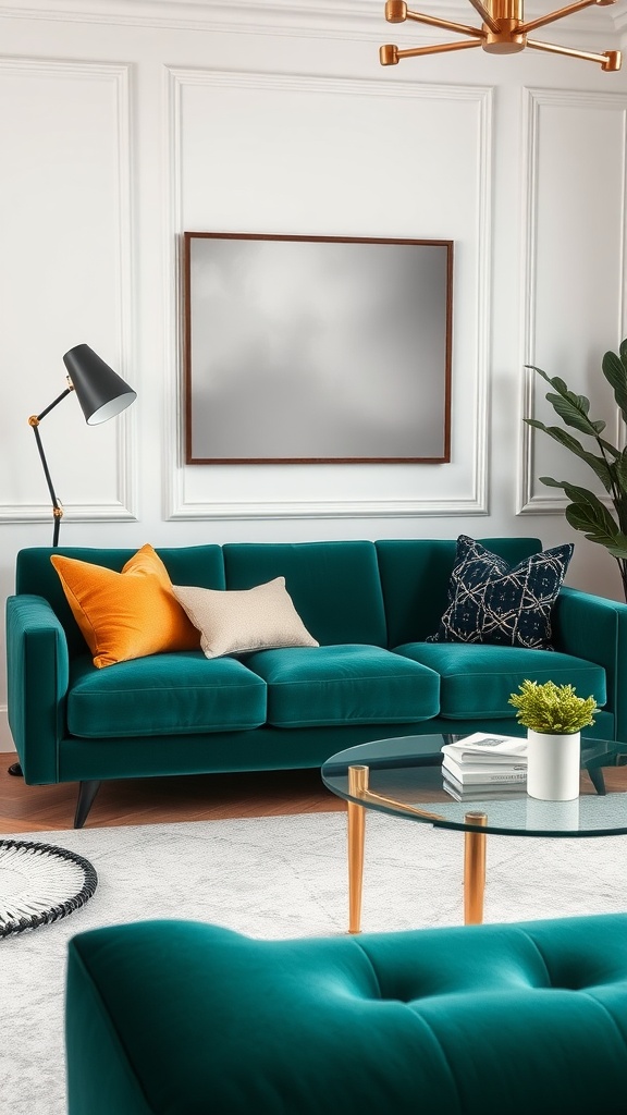 A stylish living room featuring a teal velvet sofa with colorful pillows, a glass coffee table, and modern decor.