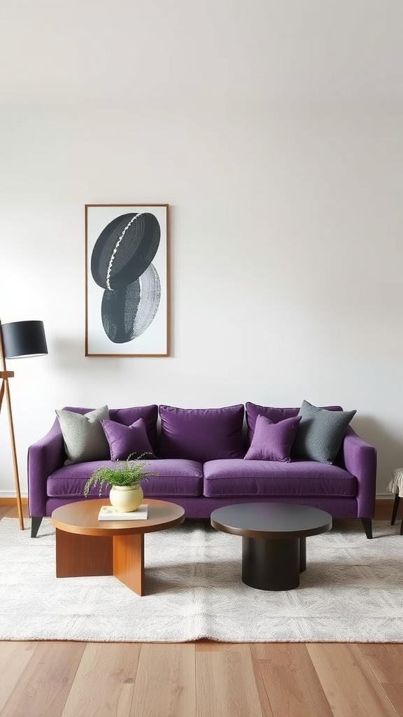 A stylish living room arrangement featuring a purple sofa, round coffee tables, and modern decor.