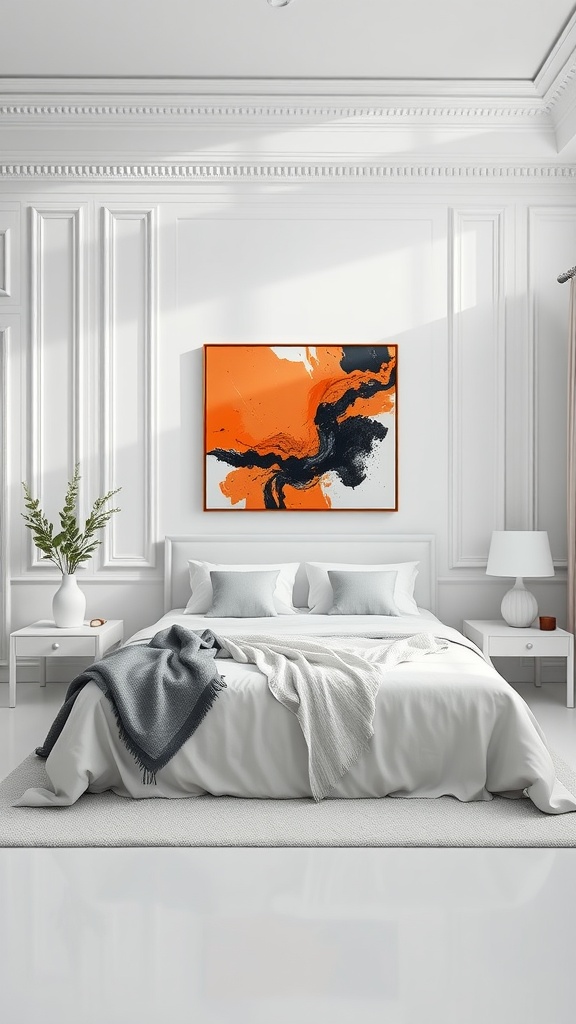 Chic white bedroom with a statement orange and black art piece on the wall.