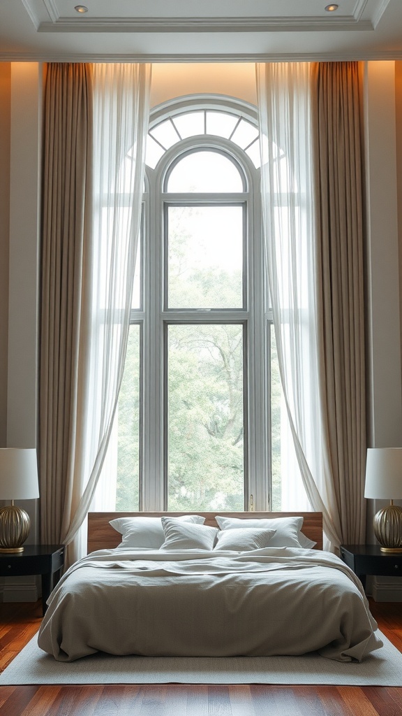 Chic window treatments in a stylish bedroom with large windows and elegant drapes.