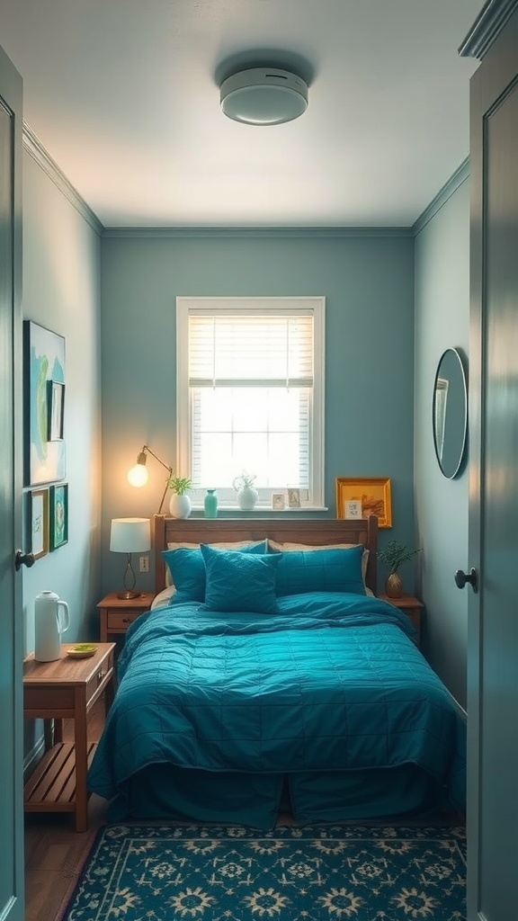 A small bedroom with calming blue and teal tones, featuring a cozy bed and warm wooden furniture.