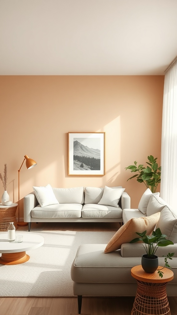 A cozy living room with peach wall color, light gray furniture, and potted plants