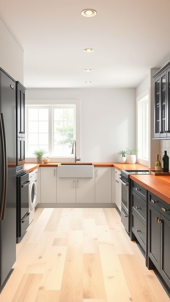 A modern kitchen featuring dark cabinets, light wood flooring, and warm-toned countertops.