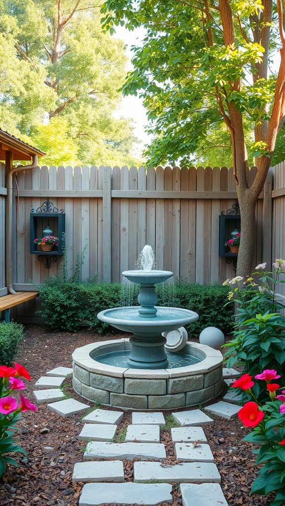 A garden fountain surrounded by flowers and greenery in a cozy setting.