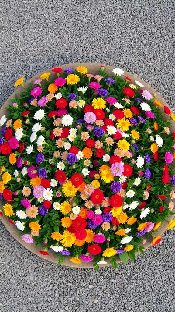 A vibrant circular flower bed filled with various colorful flowers.