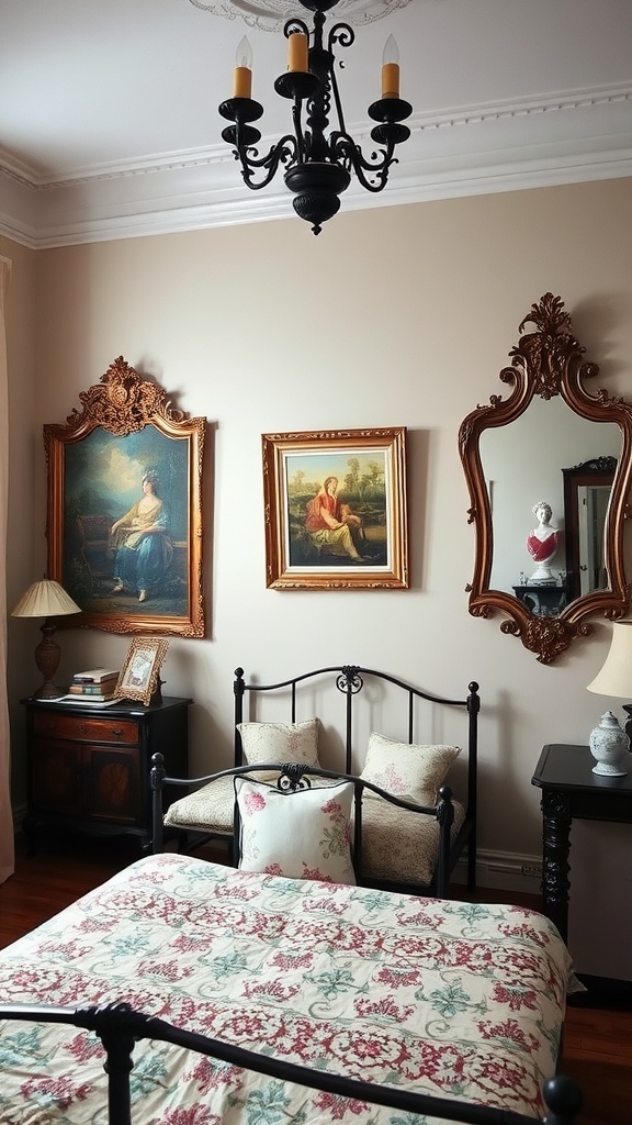 A vintage bedroom featuring classic artwork and ornate mirrors