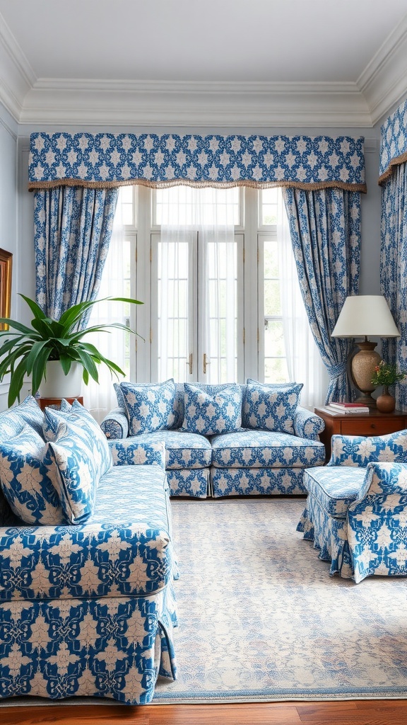 A beautifully decorated living room featuring blue and white patterned furniture and curtains, complemented by natural light and greenery.