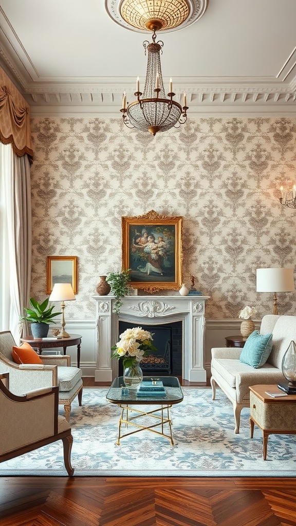 Elegant living room featuring classic damask wallpaper, a chandelier, and stylish furnishings.