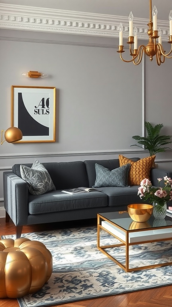 A stylish living room featuring a dark gray sofa, gold accents, and elegant decor.