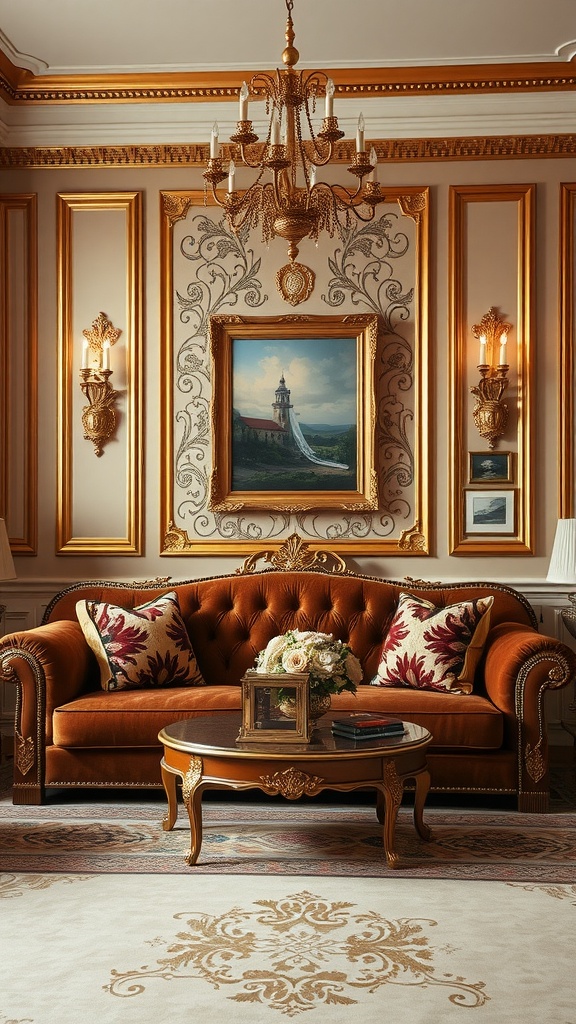 A classic living room featuring a brown sofa, gold accents, and elegant decor.