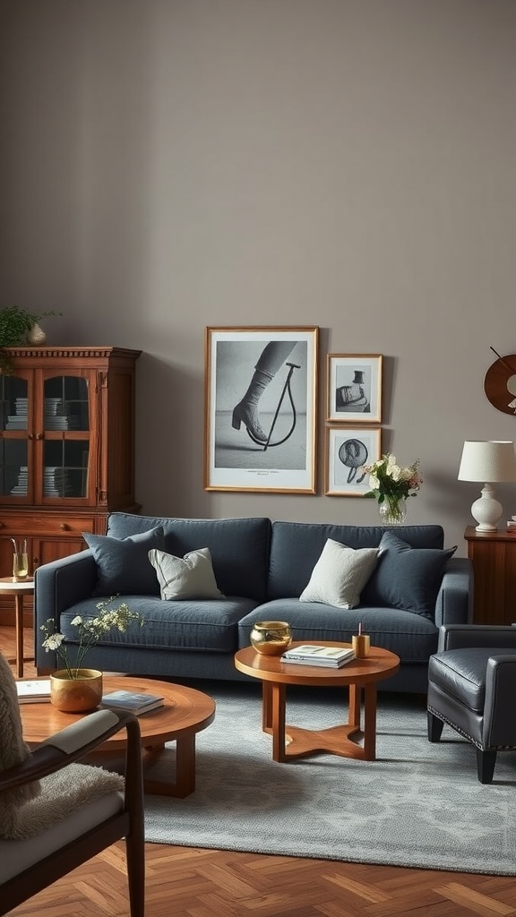 Living room with a dark gray sofa, wooden furniture, and elegant decor.