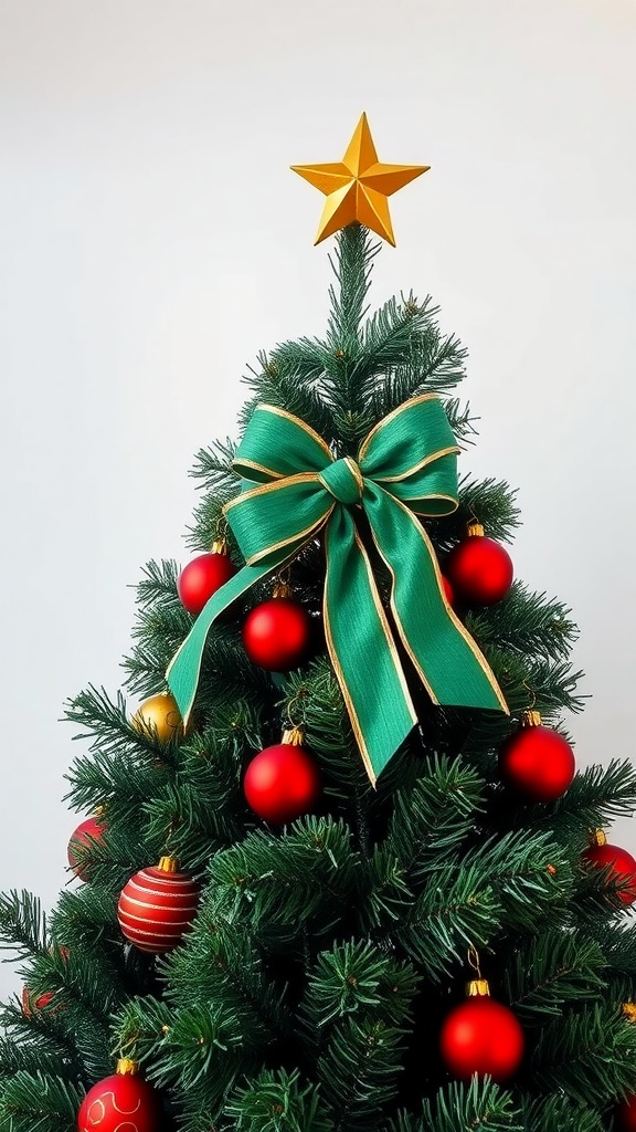 A traditional Christmas tree with a green bow, red ornaments, and a golden star on top.