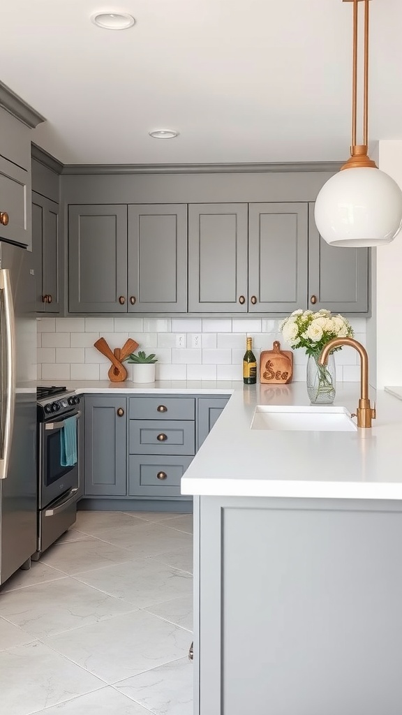 A stylish kitchen featuring grey cabinets, white countertops, and warm wood accents.