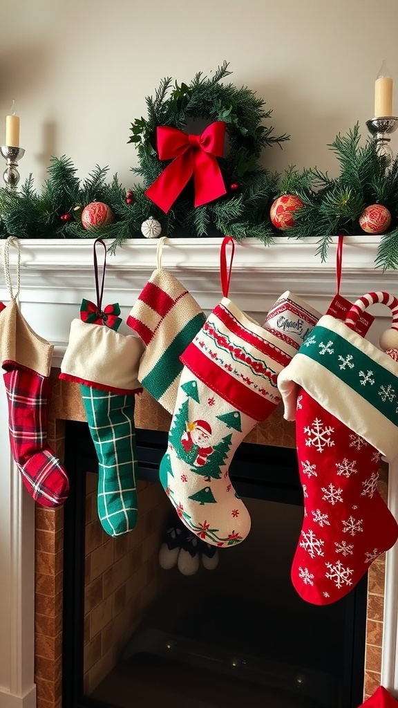 A festive mantel display with colorful Christmas stockings and a decorative wreath.