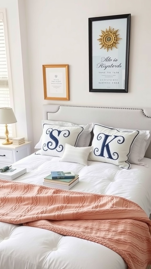 A preppy bedroom featuring monogrammed pillows and a coral blanket.