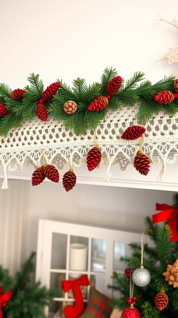 A crochet garland with red and green pinecones displayed above a mantel