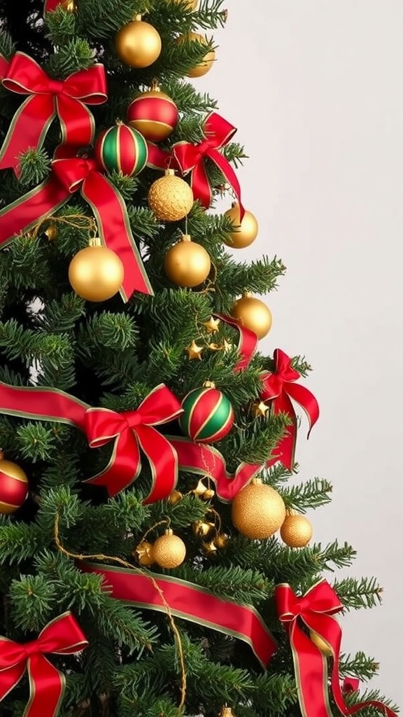 A beautifully decorated Christmas tree featuring classic red and green ribbons with gold ornaments.