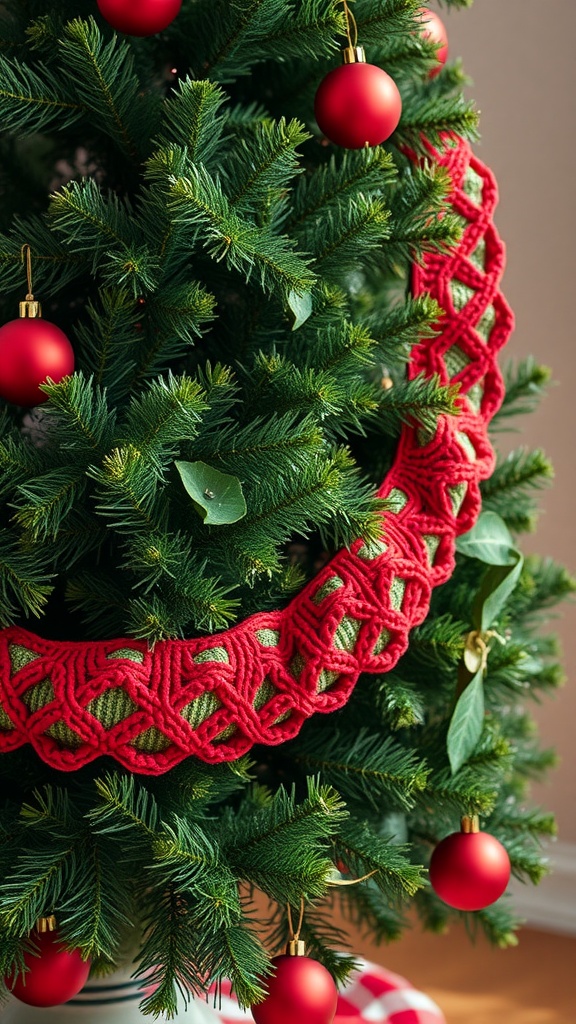 Crochet garland with red and green stripes on a Christmas tree