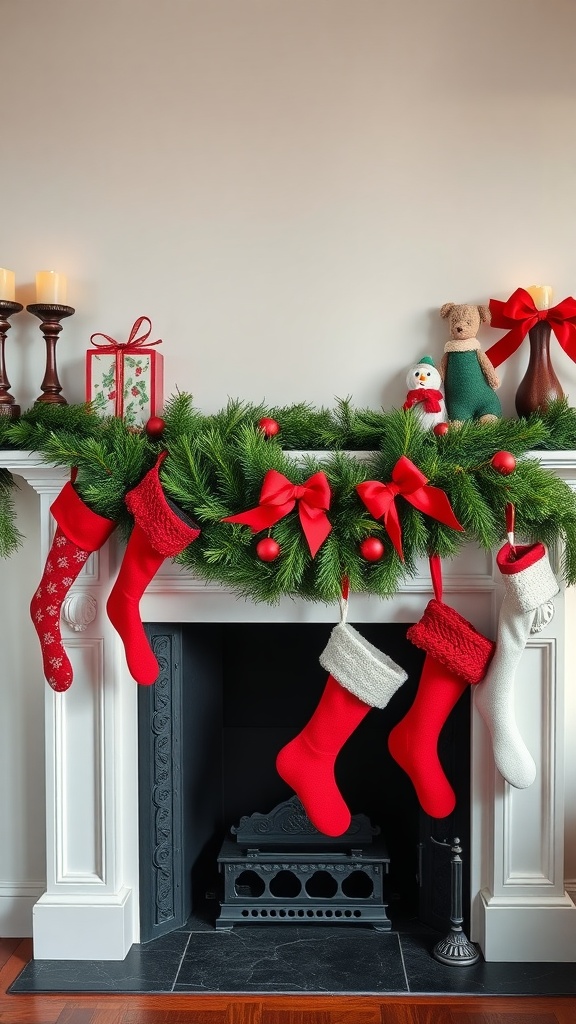 A Christmas mantel decorated with red and green theme including garland, ornaments, stockings, and figurines.