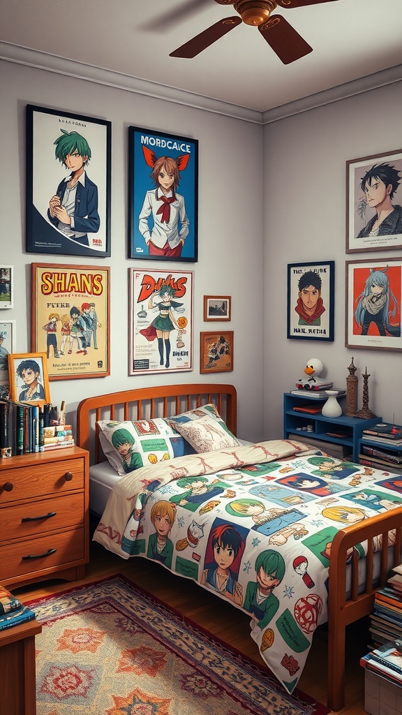 A bedroom decorated with shonen anime posters and themed bedding, showcasing a cozy atmosphere.