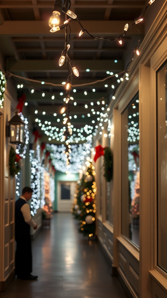 A hallway decorated with string lights, creating a festive atmosphere.