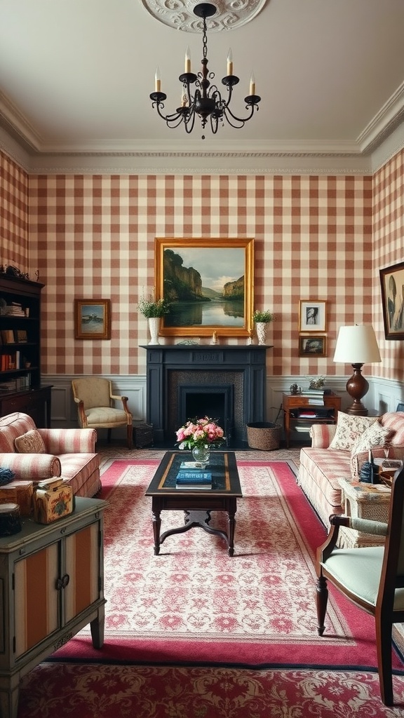 A cozy living room with checkered wallpaper, striped couches, and classic decor.