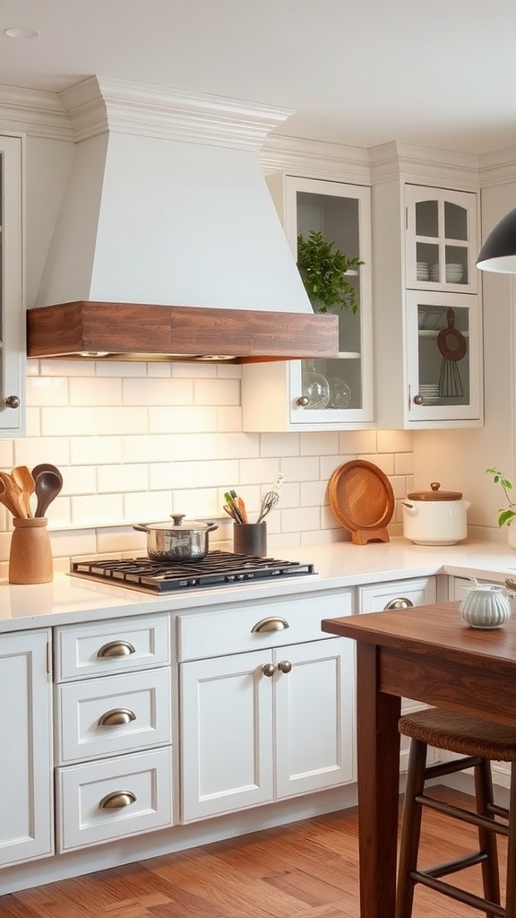 A cozy farmhouse kitchen featuring classic white shaker cabinets, a wooden range hood, and a glossy white subway tile backsplash.