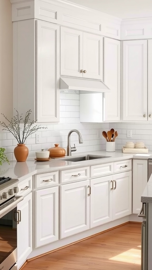 A bright and inviting kitchen featuring classic white shaker cabinets, a white subway tile backsplash, and wooden accents.