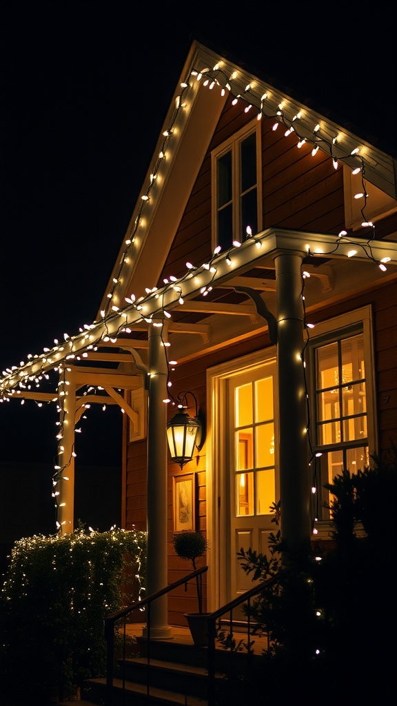 A house decorated with classic white string lights during the night