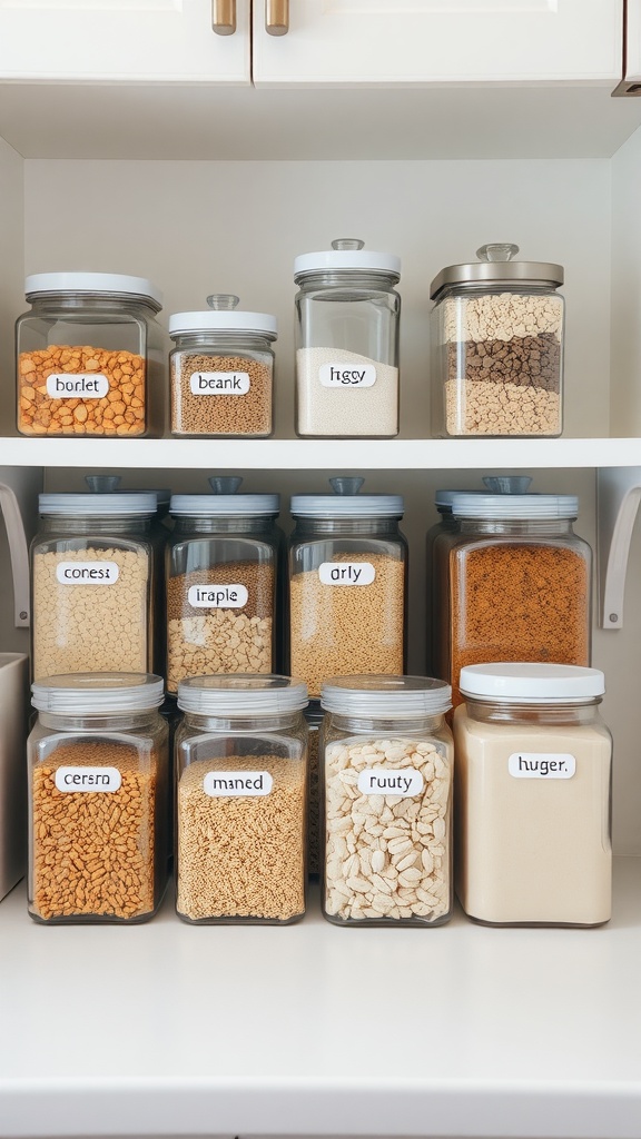 Organized kitchen shelf with clear containers filled with dry goods and labeled for easy identification.