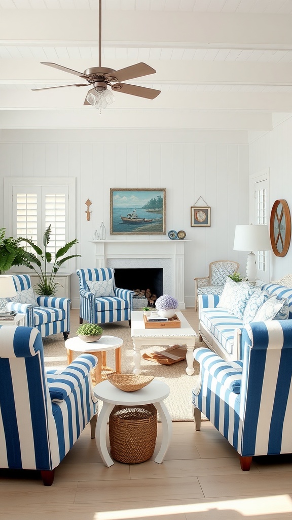 A coastal-inspired living room featuring blue and white striped furniture, white walls, and natural decor elements.