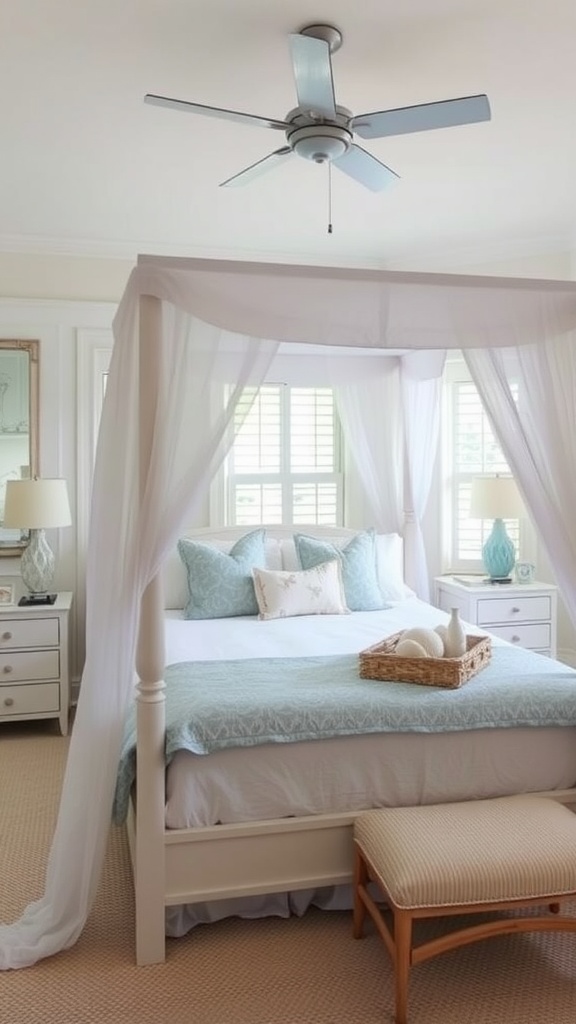 A coastal-inspired bedroom featuring a canopy bed with sheer curtains, light blue bedding, and nautical decor.