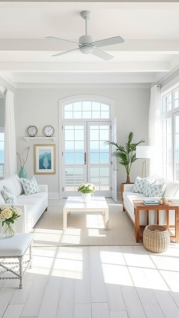 Bright and airy coastal living room with ocean view, featuring white sofas, a light wood coffee table, and large windows.