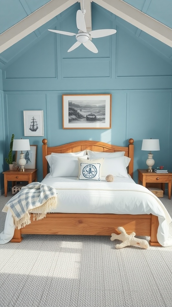 A bright and airy coastal bedroom with blue walls and wooden furnishings.