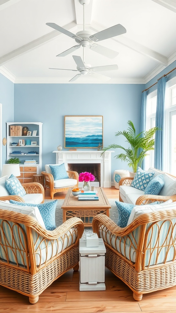 A coastal-inspired living room with blue walls, rattan furniture, and ocean-themed decor.